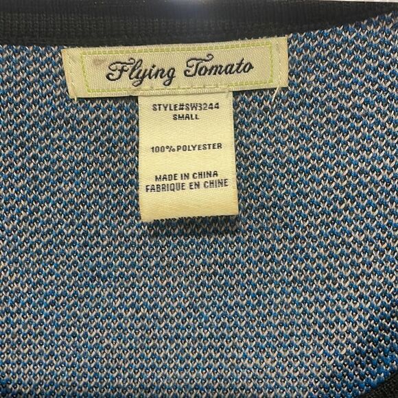 FLYING TOMATO Blue black print knit bodycon holiday party sweater dress S - Picture 3 of 7